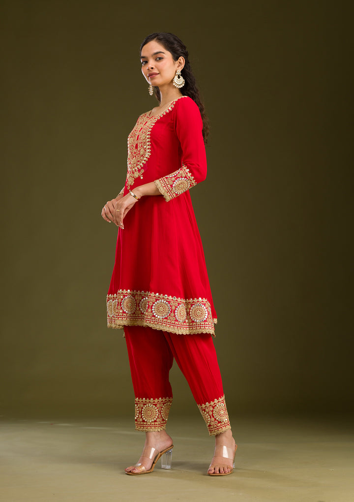 Red Zariwork Semi Crepe Readymade Salwar Suit