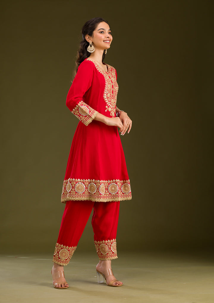 Red Zariwork Semi Crepe Readymade Salwar Suit