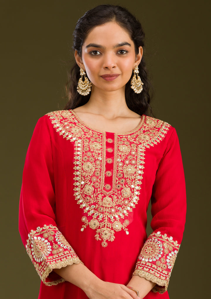 Red Zariwork Semi Crepe Readymade Salwar Suit