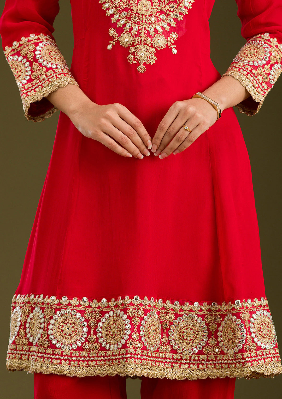 Red Zariwork Semi Crepe Readymade Salwar Suit