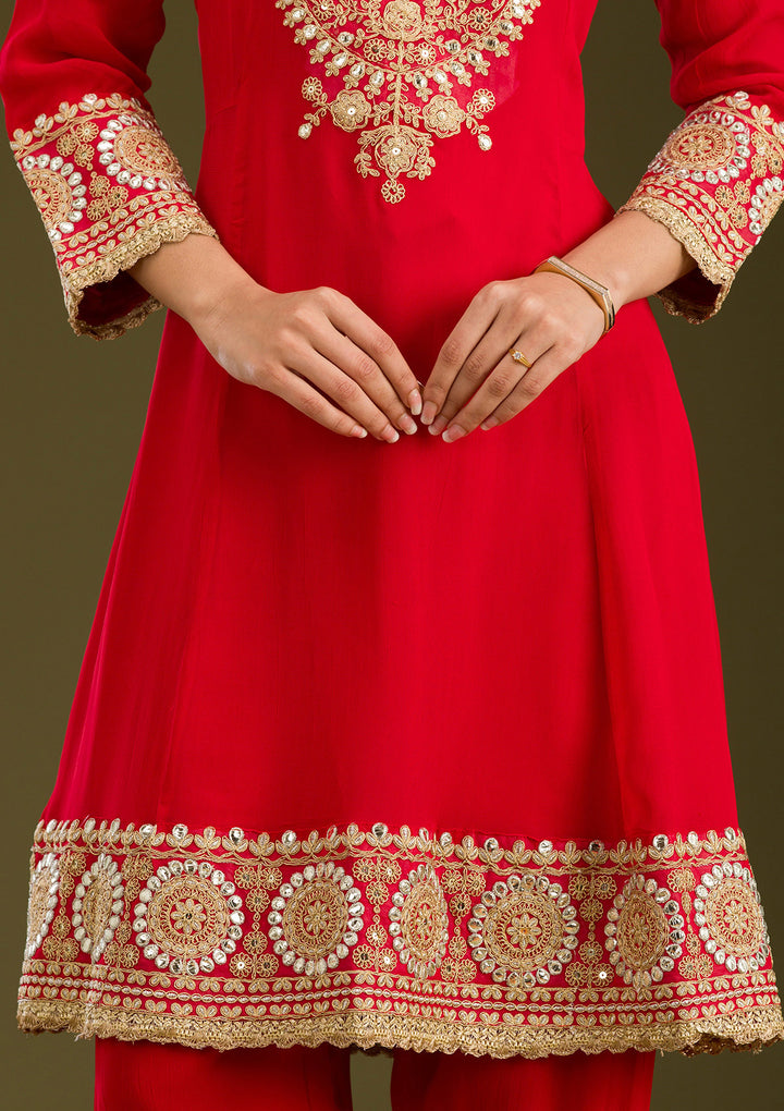 Red Zariwork Semi Crepe Readymade Salwar Suit