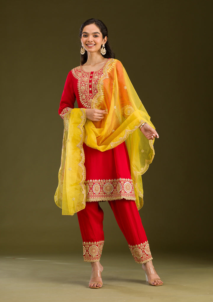 Red Zariwork Semi Crepe Readymade Salwar Suit