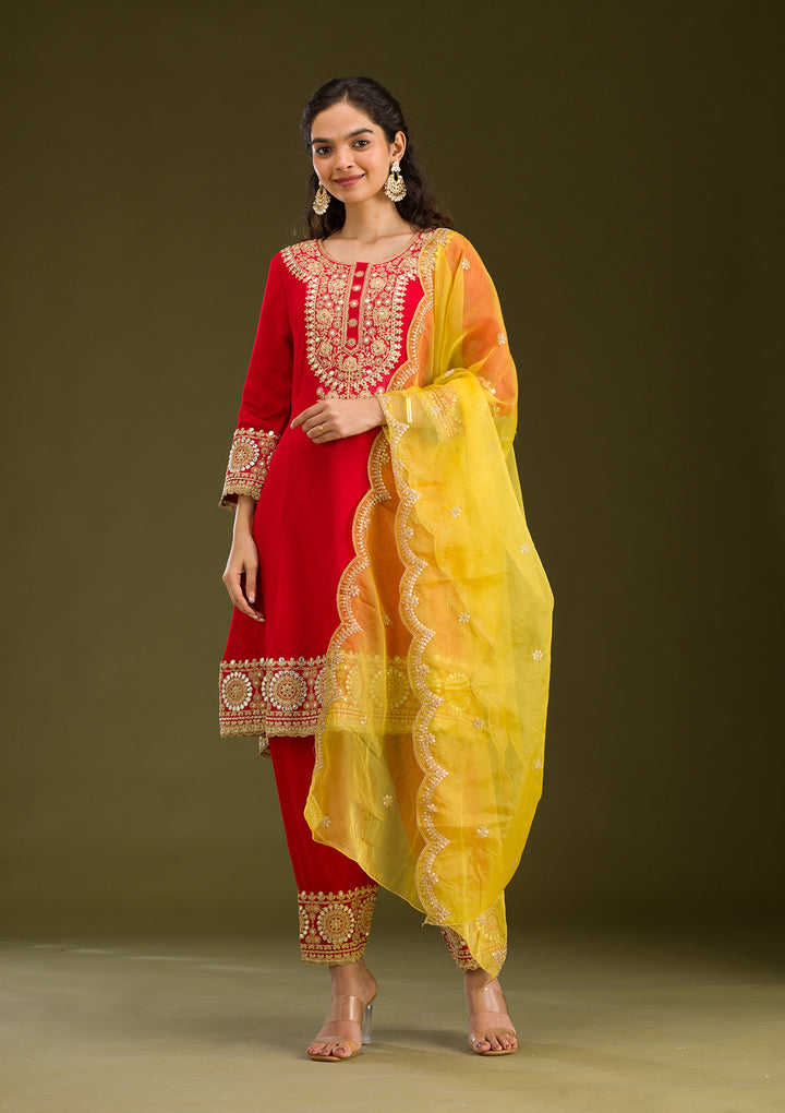 Red Zariwork Semi Crepe Readymade Salwar Suit