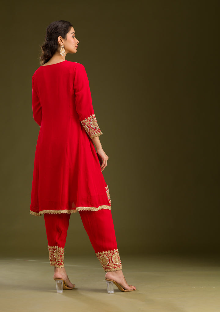 Red Zariwork Semi Crepe Readymade Salwar Suit