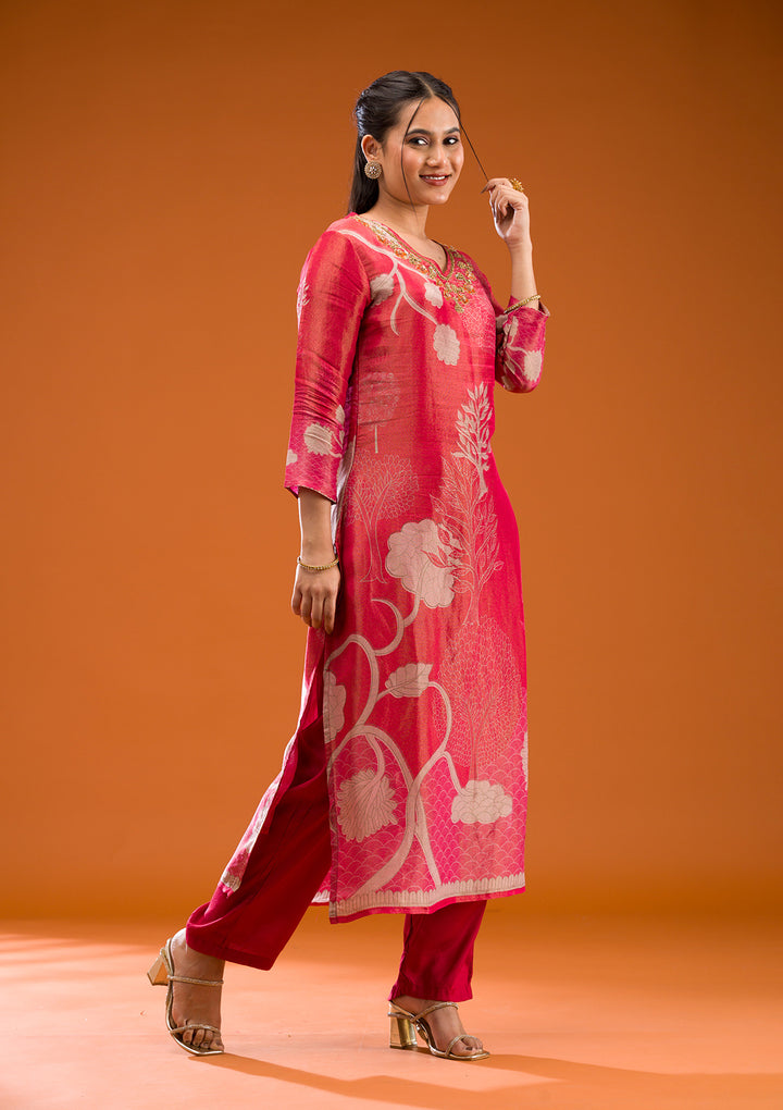 Red Zariwork Semi Crepe Readymade Salwar Suit