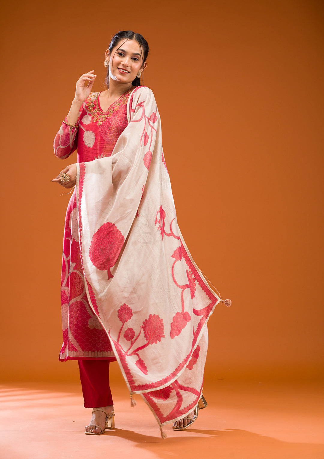 Red Zariwork Semi Crepe Readymade Salwar Suit