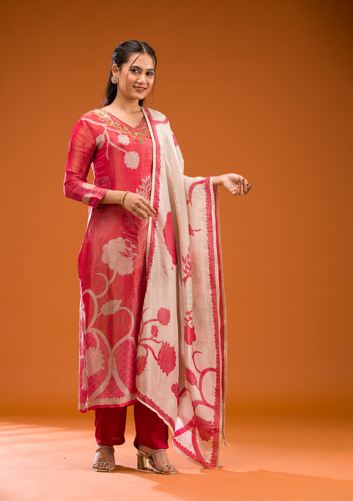 Red Zariwork Semi Crepe Readymade Salwar Suit