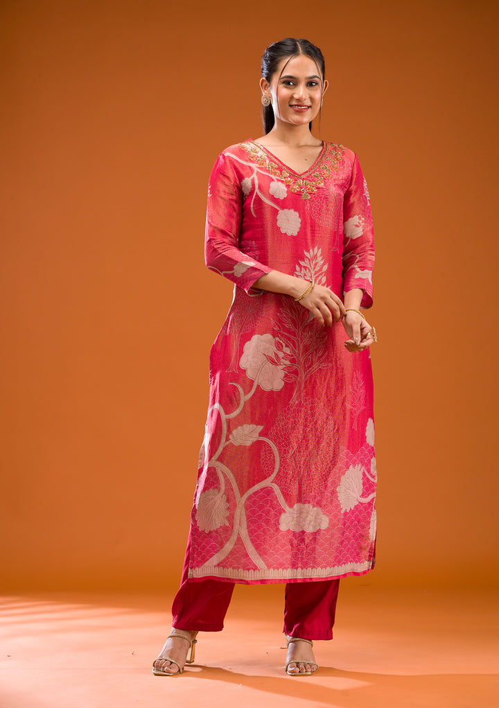 Red Zariwork Semi Crepe Readymade Salwar Suit