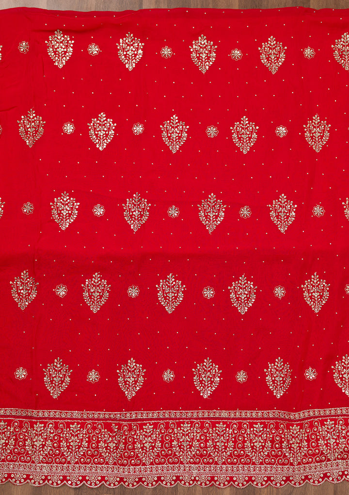 Red Zariwork Semi Crepe Unstitched Salwar Suit