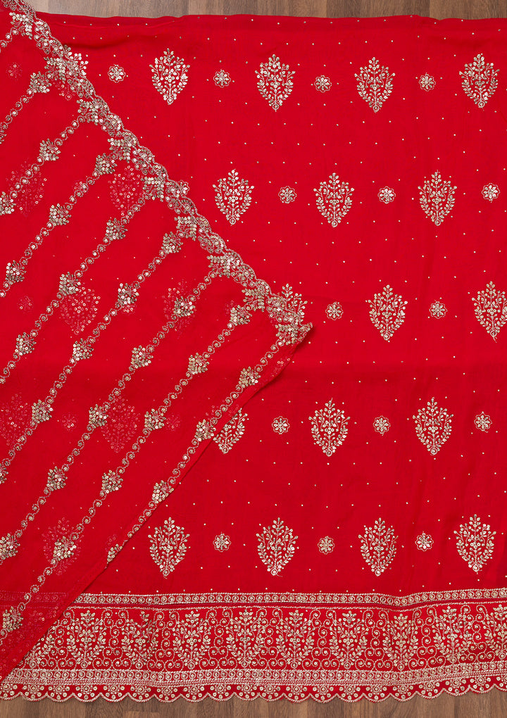Red Zariwork Semi Crepe Unstitched Salwar Suit