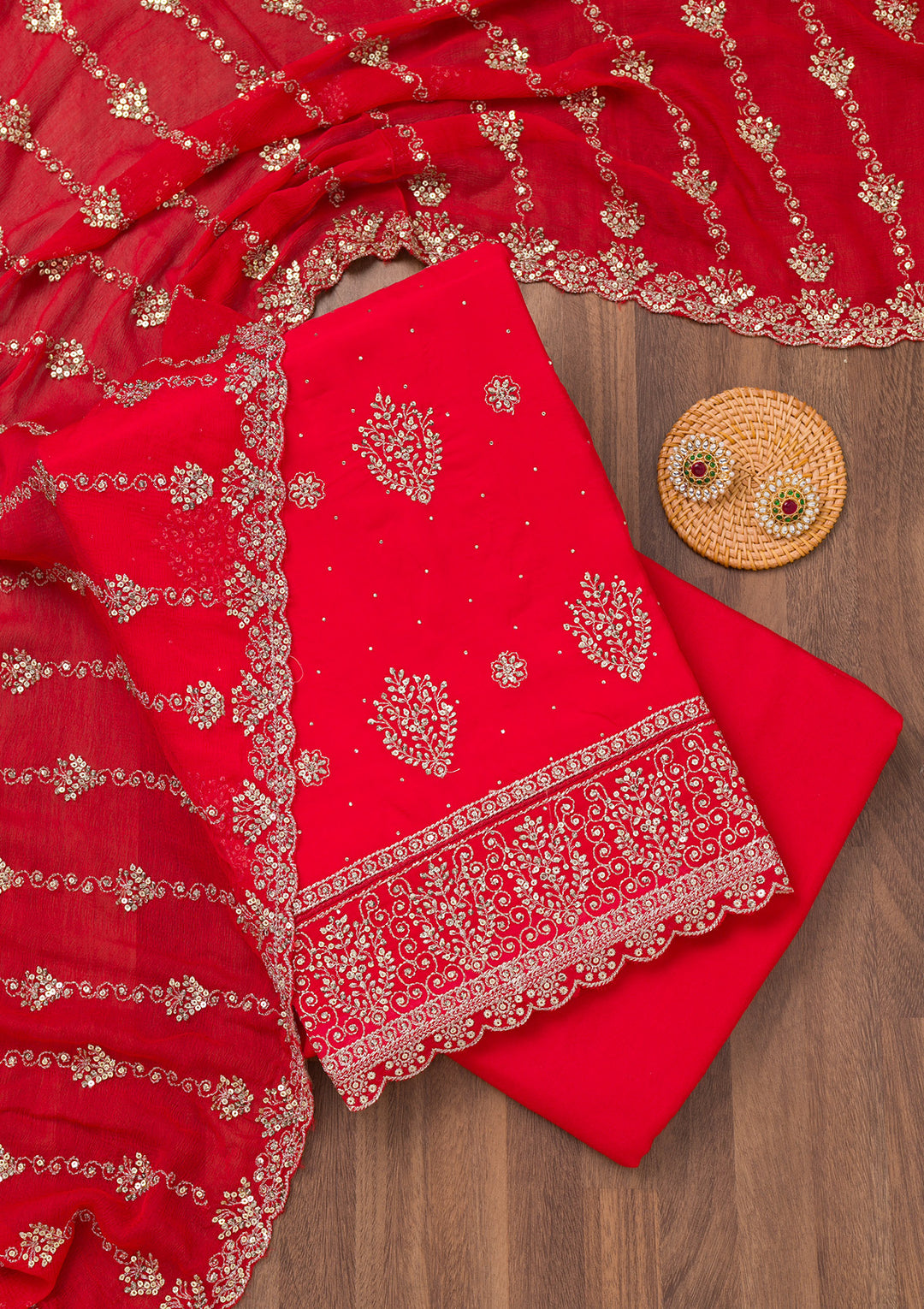 Red Zariwork Semi Crepe Unstitched Salwar Suit