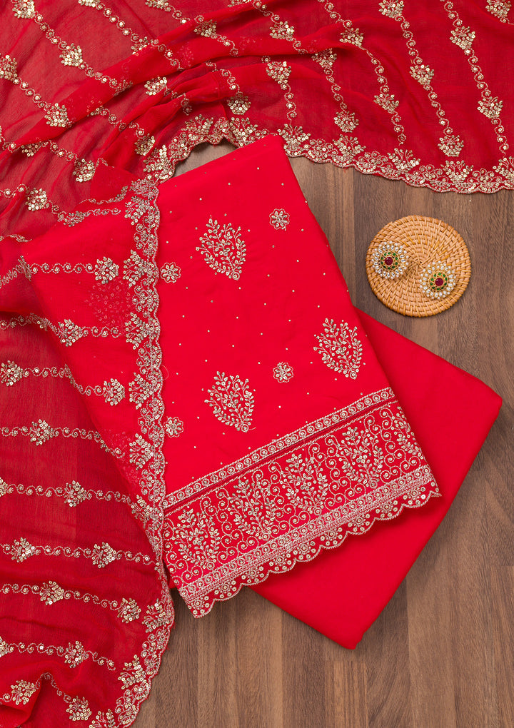 Red Zariwork Semi Crepe Unstitched Salwar Suit