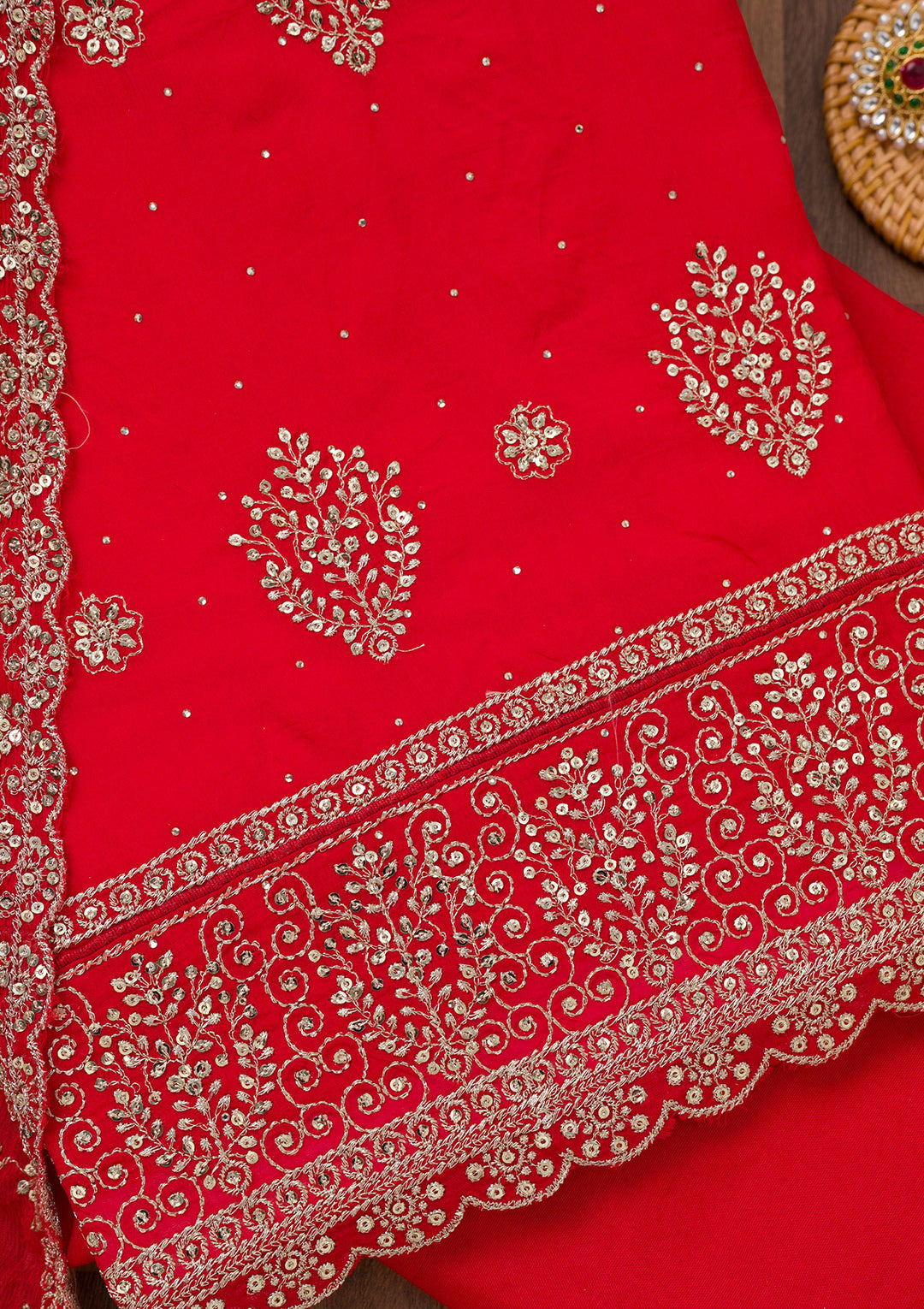 Red Zariwork Semi Crepe Unstitched Salwar Suit