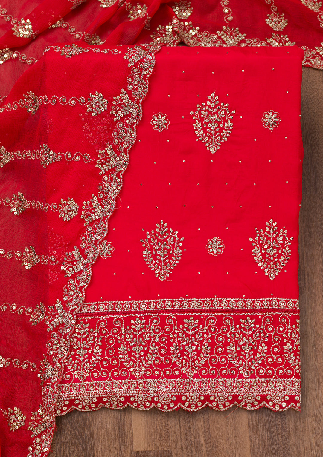 Red Zariwork Semi Crepe Unstitched Salwar Suit