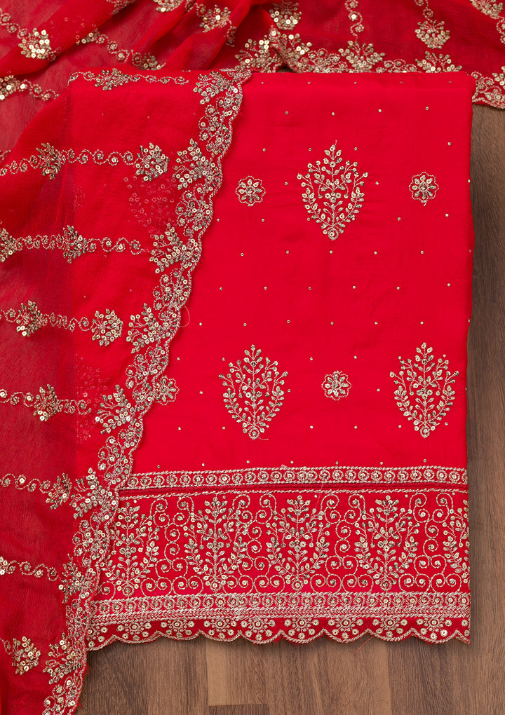 Red Zariwork Semi Crepe Unstitched Salwar Suit