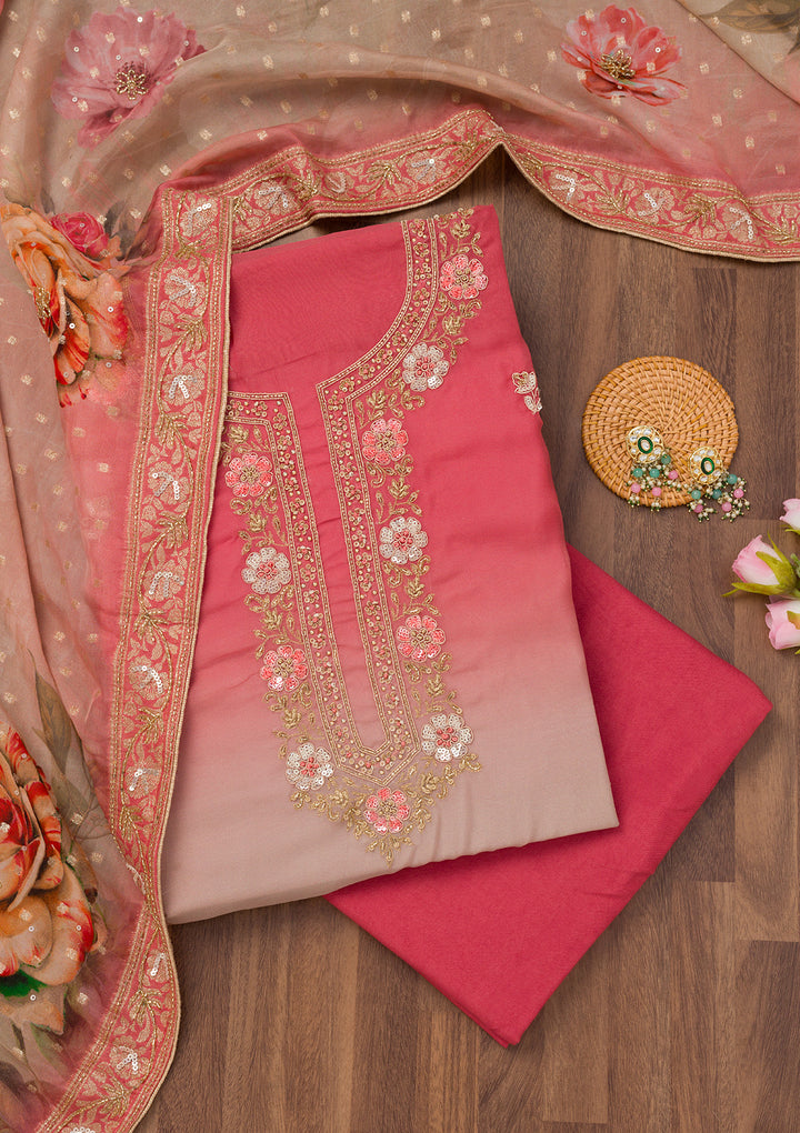 Red Zariwork Semi Crepe Unstitched Salwar Suit