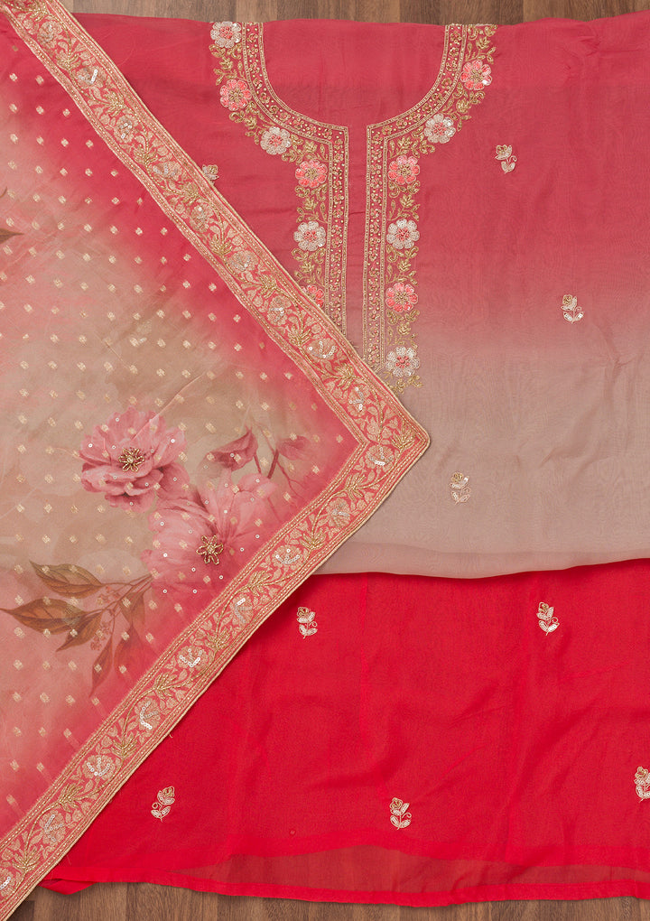 Red Zariwork Semi Crepe Unstitched Salwar Suit