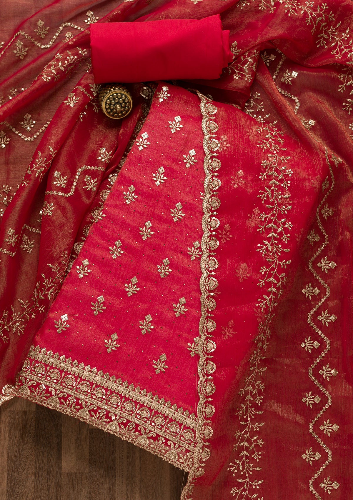 Red Zariwork Shimmer Georgette Unstitched Salwar Suit