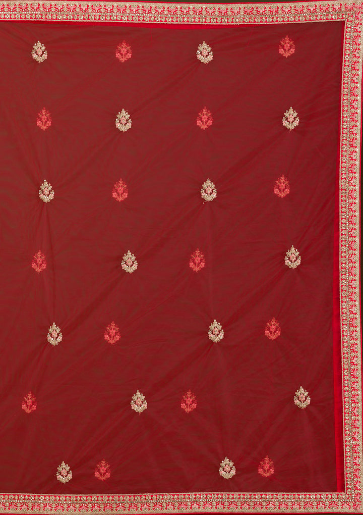 Red Zariwork Silk Semi Stitched Lehenga