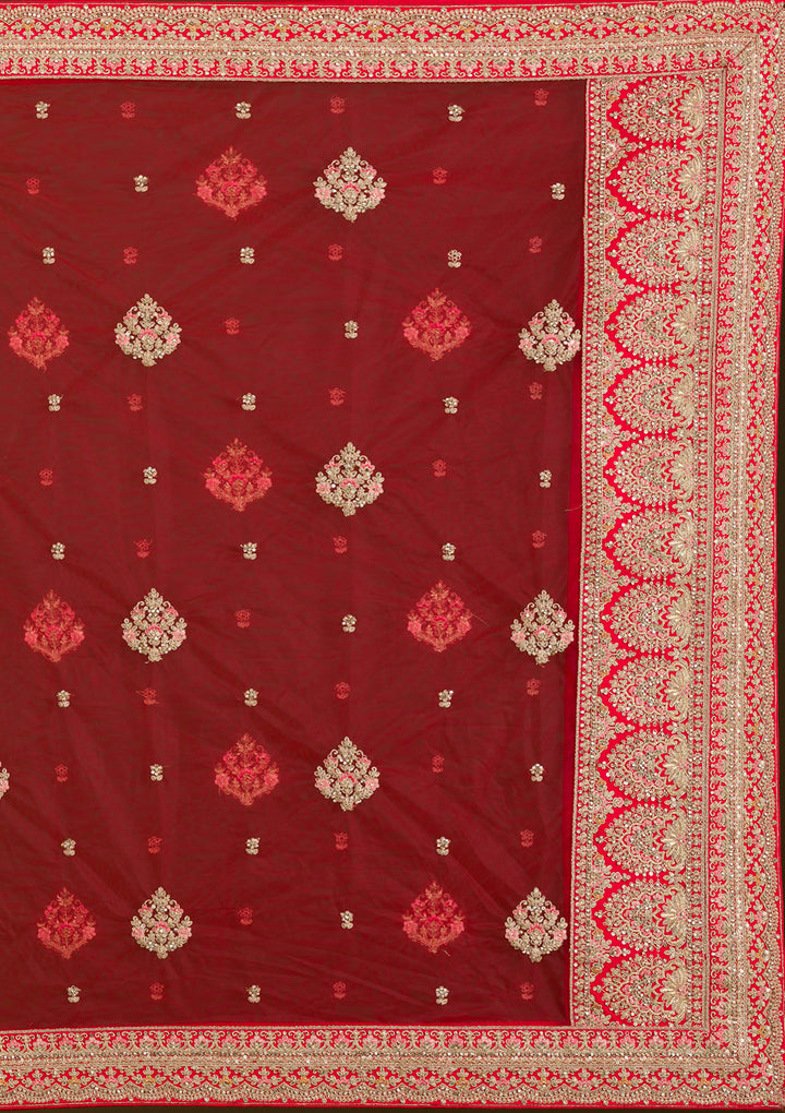 Red Zariwork Silk Semi Stitched Lehenga