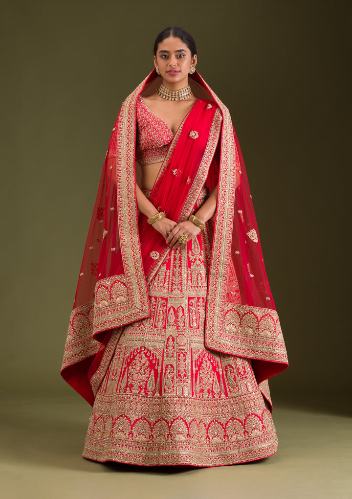 Red Zariwork Silk Semi Stitched Lehenga