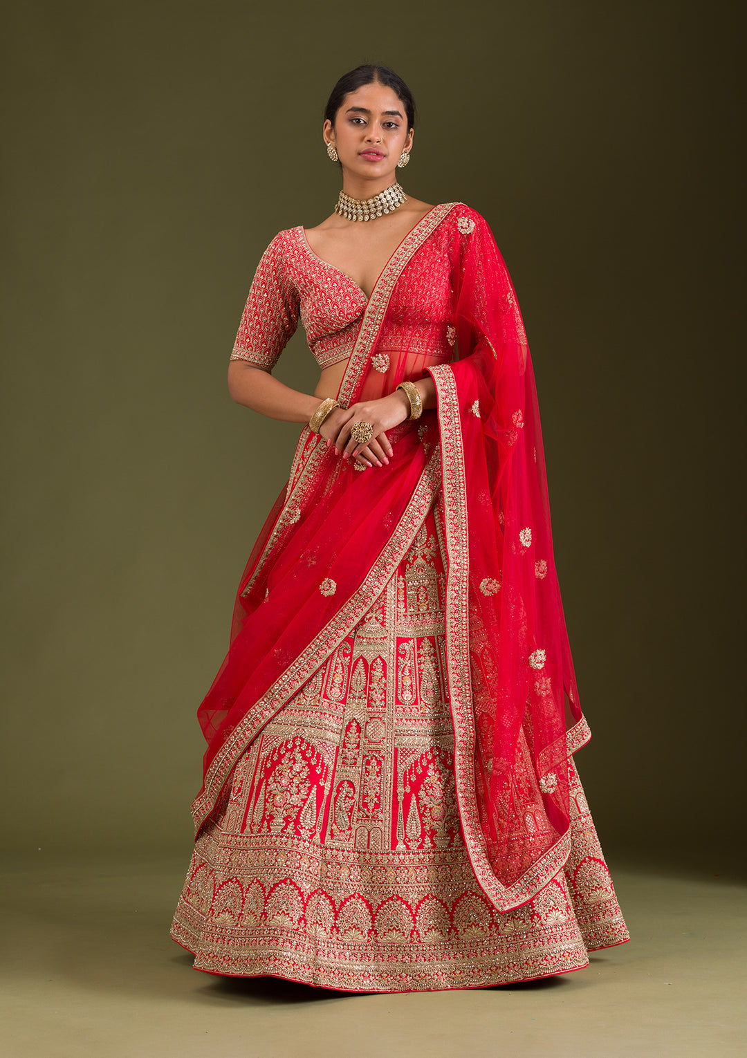 Red Zariwork Silk Semi Stitched Lehenga
