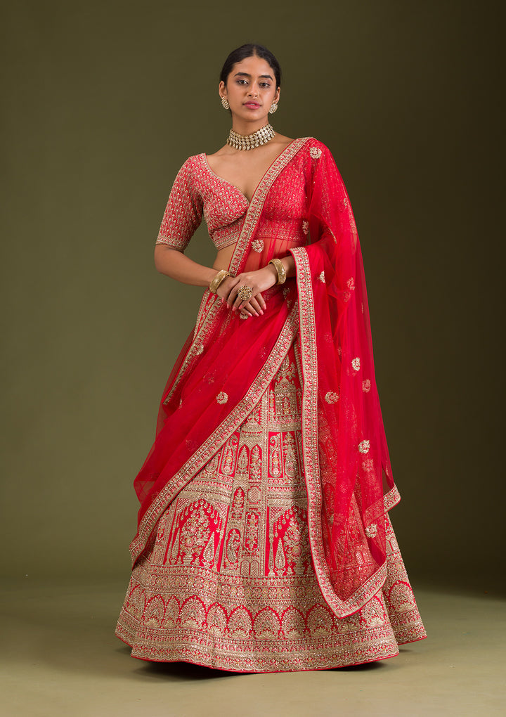 Red Zariwork Silk Semi Stitched Lehenga