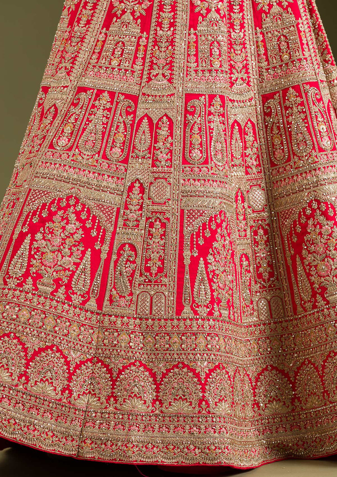 Red Zariwork Silk Semi Stitched Lehenga