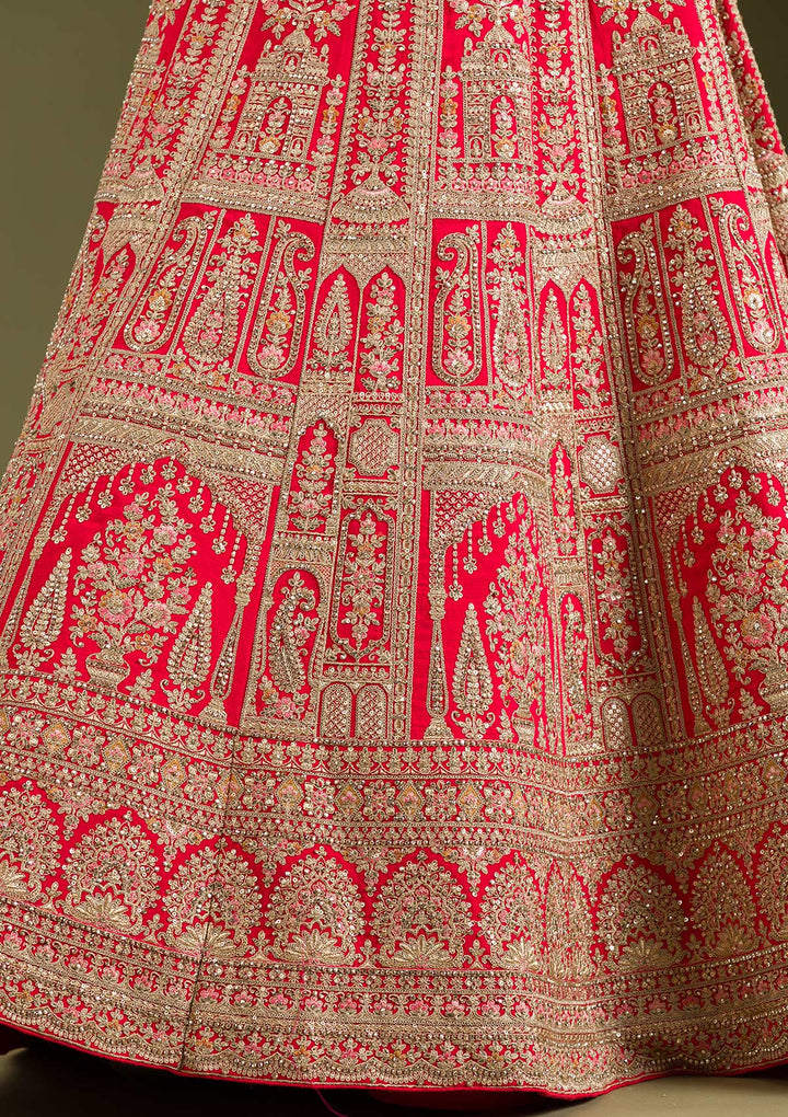 Red Zariwork Silk Semi Stitched Lehenga