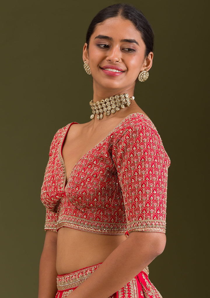Red Zariwork Silk Semi Stitched Lehenga