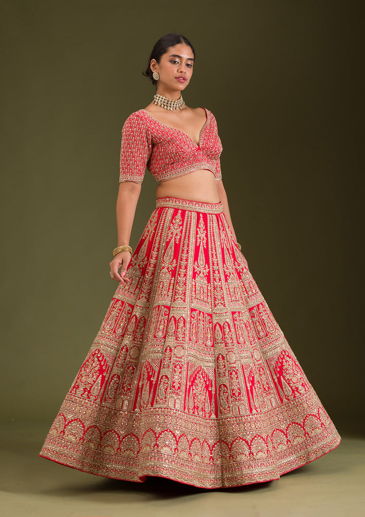 Red Zariwork Silk Semi Stitched Lehenga