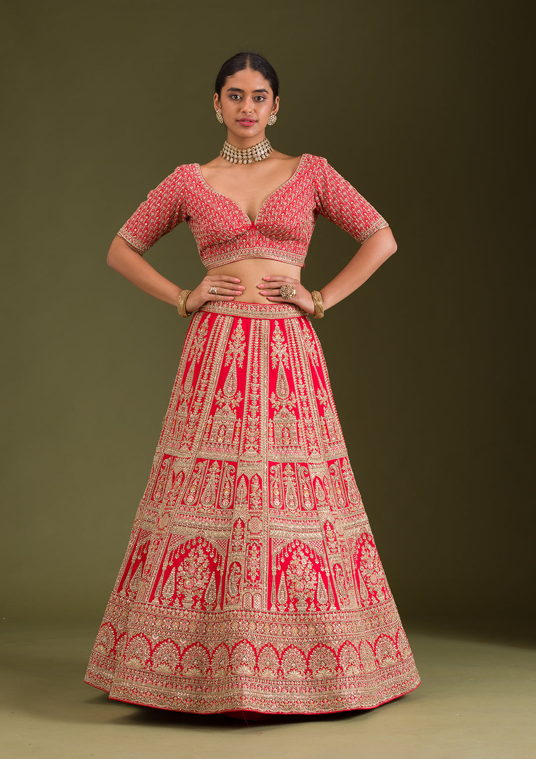 Red Zariwork Silk Semi Stitched Lehenga