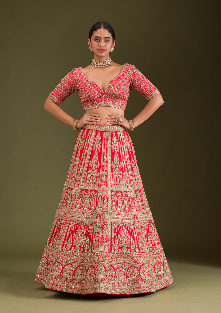 Red Zariwork Silk Semi Stitched Lehenga