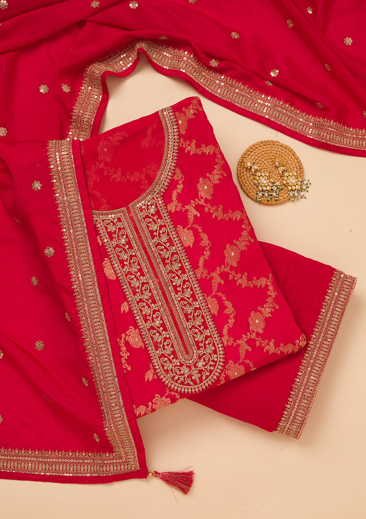Red Zariwork Tissue Unstitched Salwar Suit