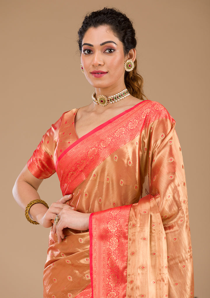 Red Zariwork Tissue Saree-Koskii