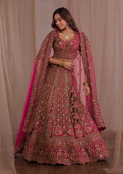 Red Zariwork Velvet Readymade Lehenga-Koskii