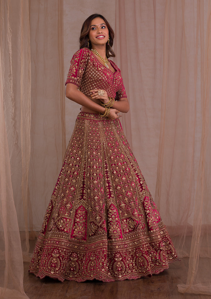 Red Zariwork Velvet Readymade Lehenga