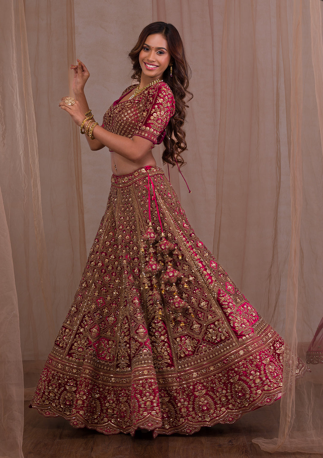 Red Zariwork Velvet Readymade Lehenga