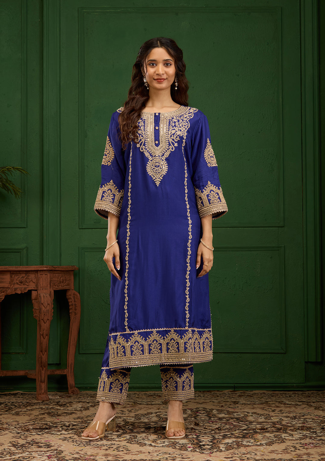Royal Blue Zariwork Semi Crepe Readymade Salwar Suit