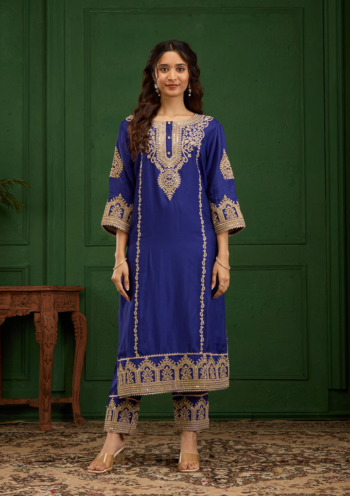Royal Blue Zariwork Semi Crepe Readymade Salwar Suit