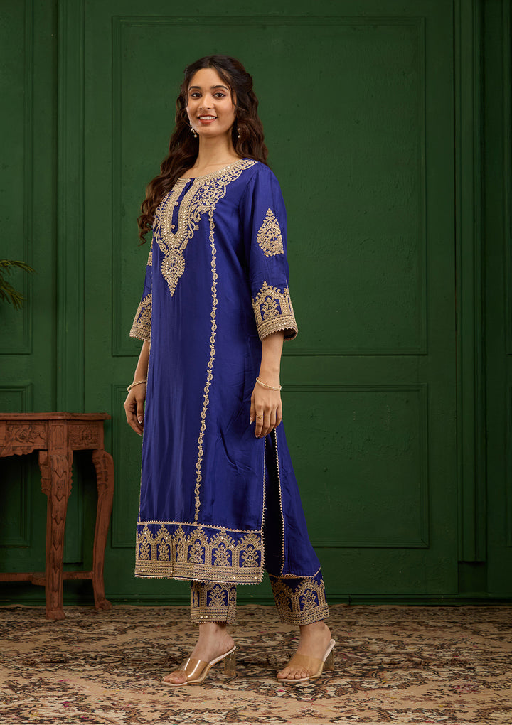 Royal Blue Zariwork Semi Crepe Readymade Salwar Suit