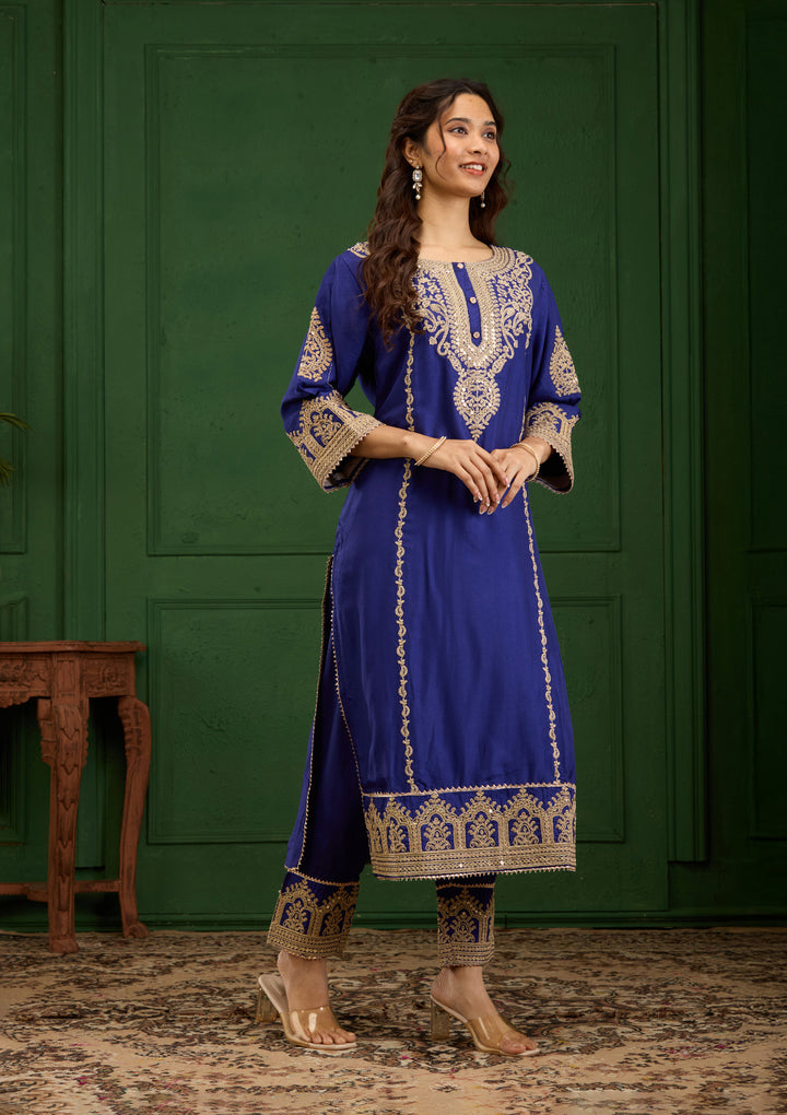 Royal Blue Zariwork Semi Crepe Readymade Salwar Suit