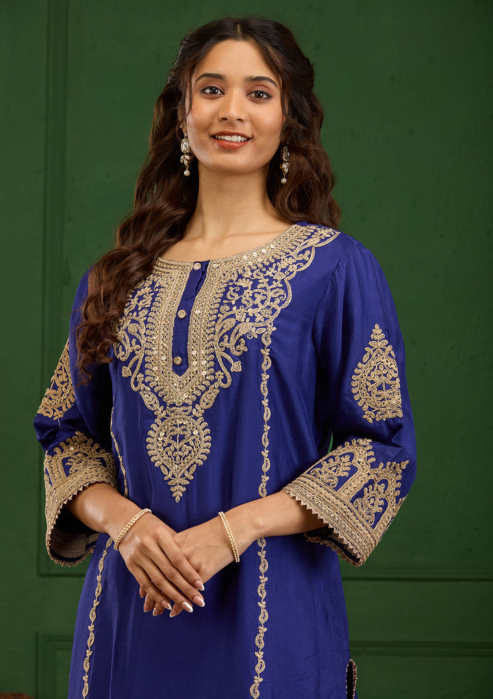 Royal Blue Zariwork Semi Crepe Readymade Salwar Suit