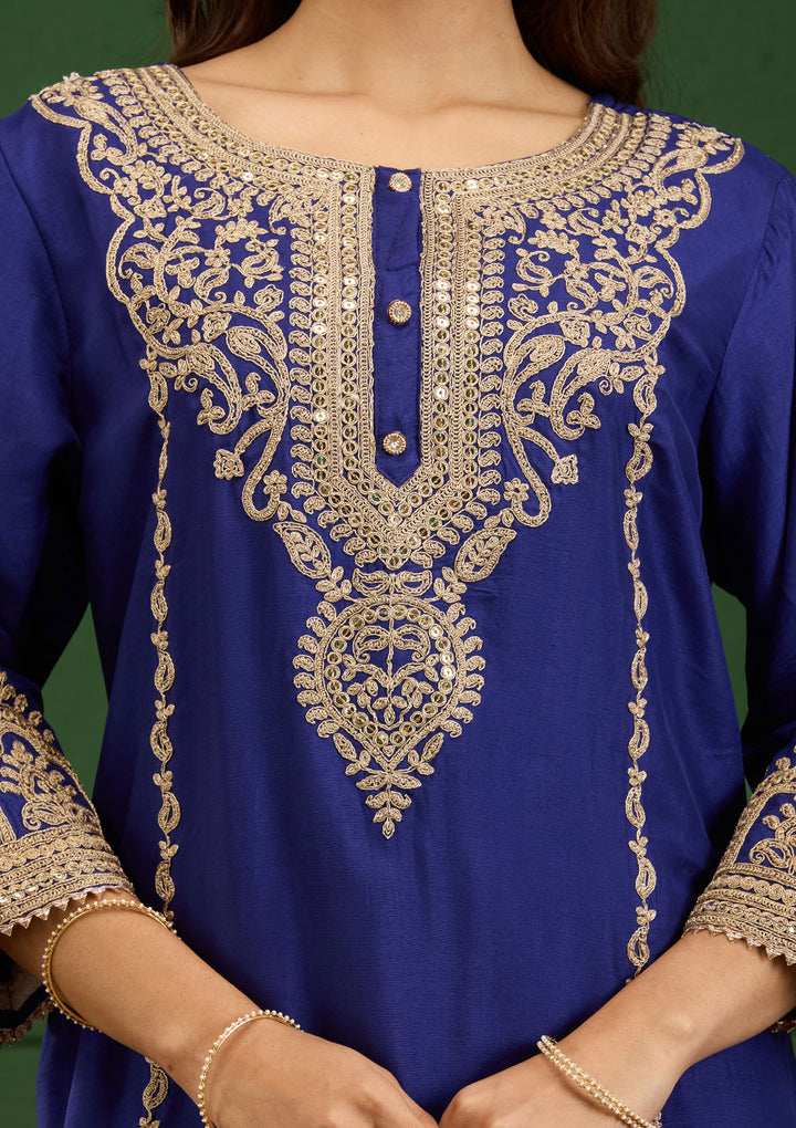 Royal Blue Zariwork Semi Crepe Readymade Salwar Suit