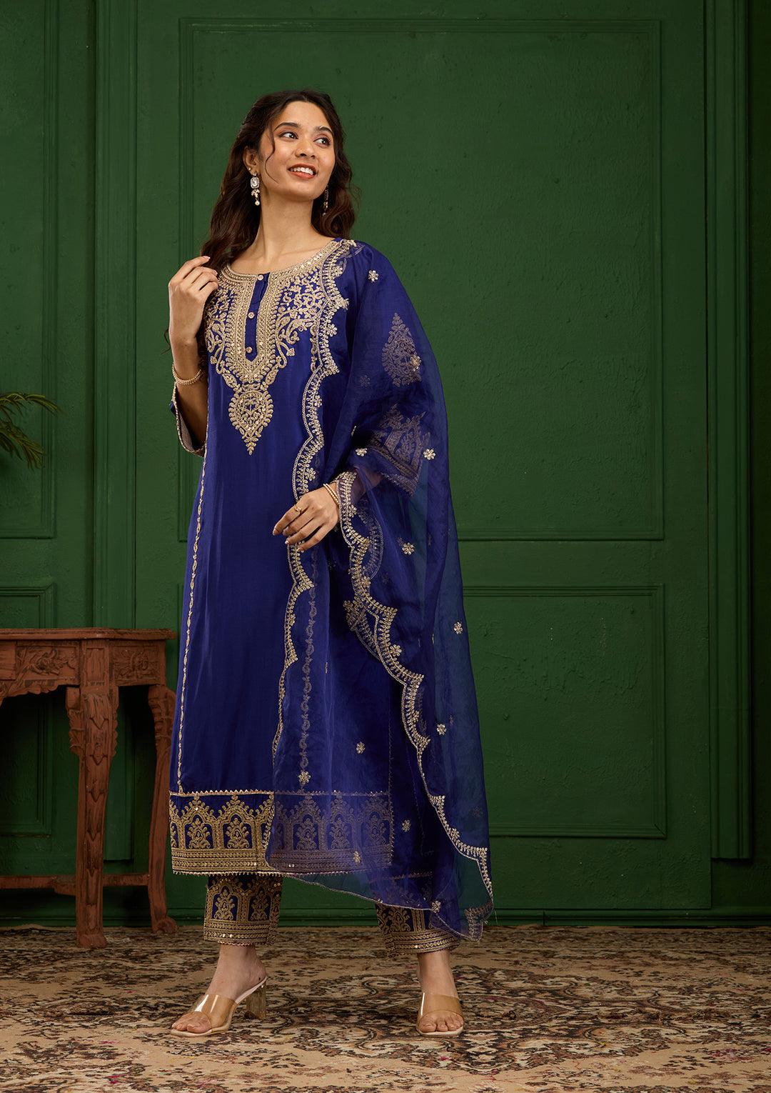 Royal Blue Zariwork Semi Crepe Readymade Salwar Suit