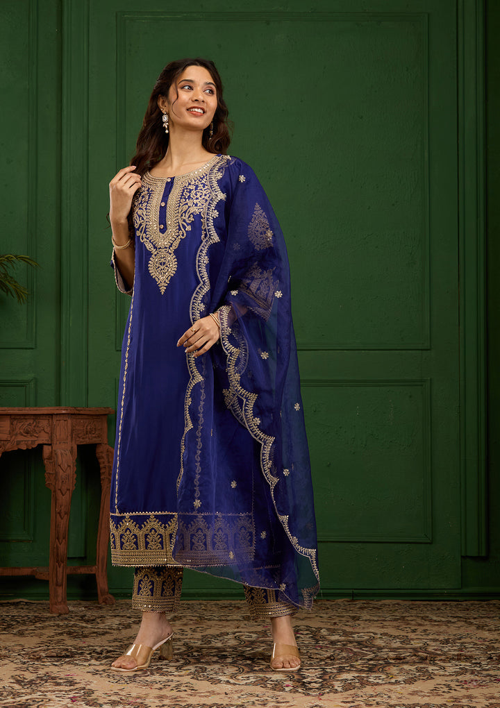 Royal Blue Zariwork Semi Crepe Readymade Salwar Suit