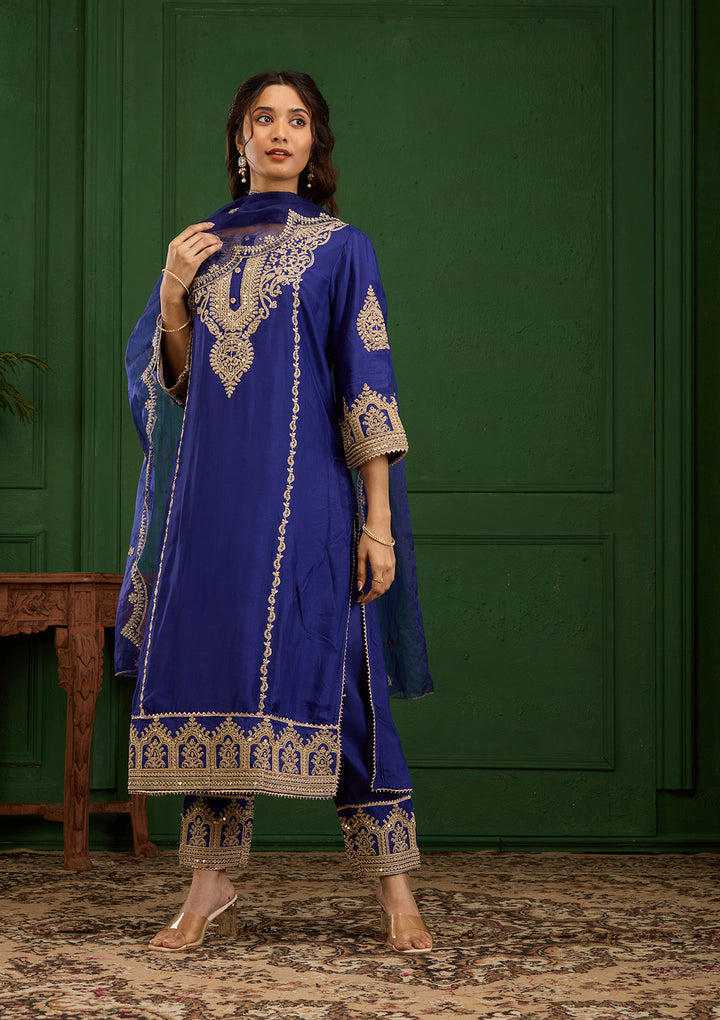 Royal Blue Zariwork Semi Crepe Readymade Salwar Suit