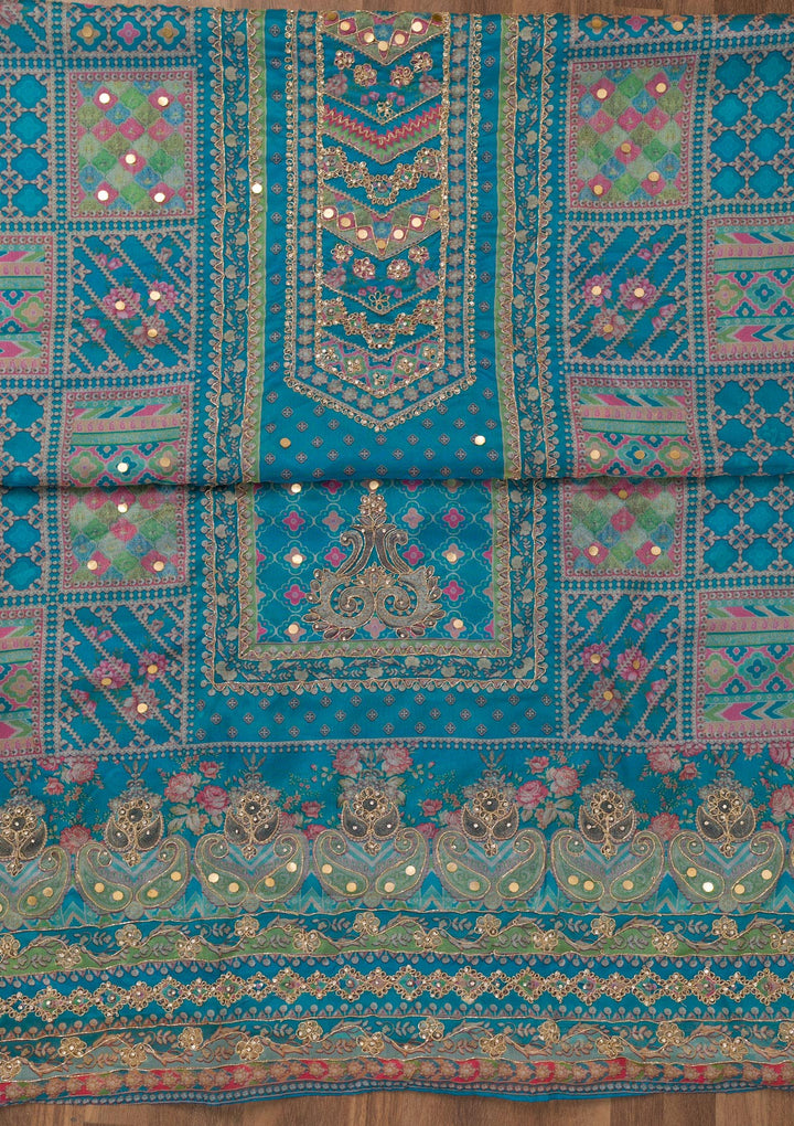 Royal Blue Printed Chanderi Unstitched Salwar Suit