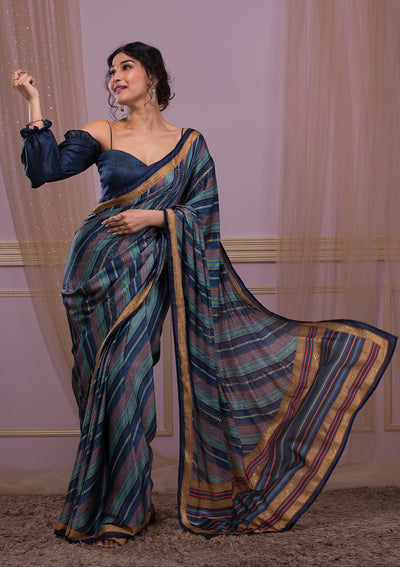 Royal Blue Printed Semi Crepe Designer Saree-Koskii