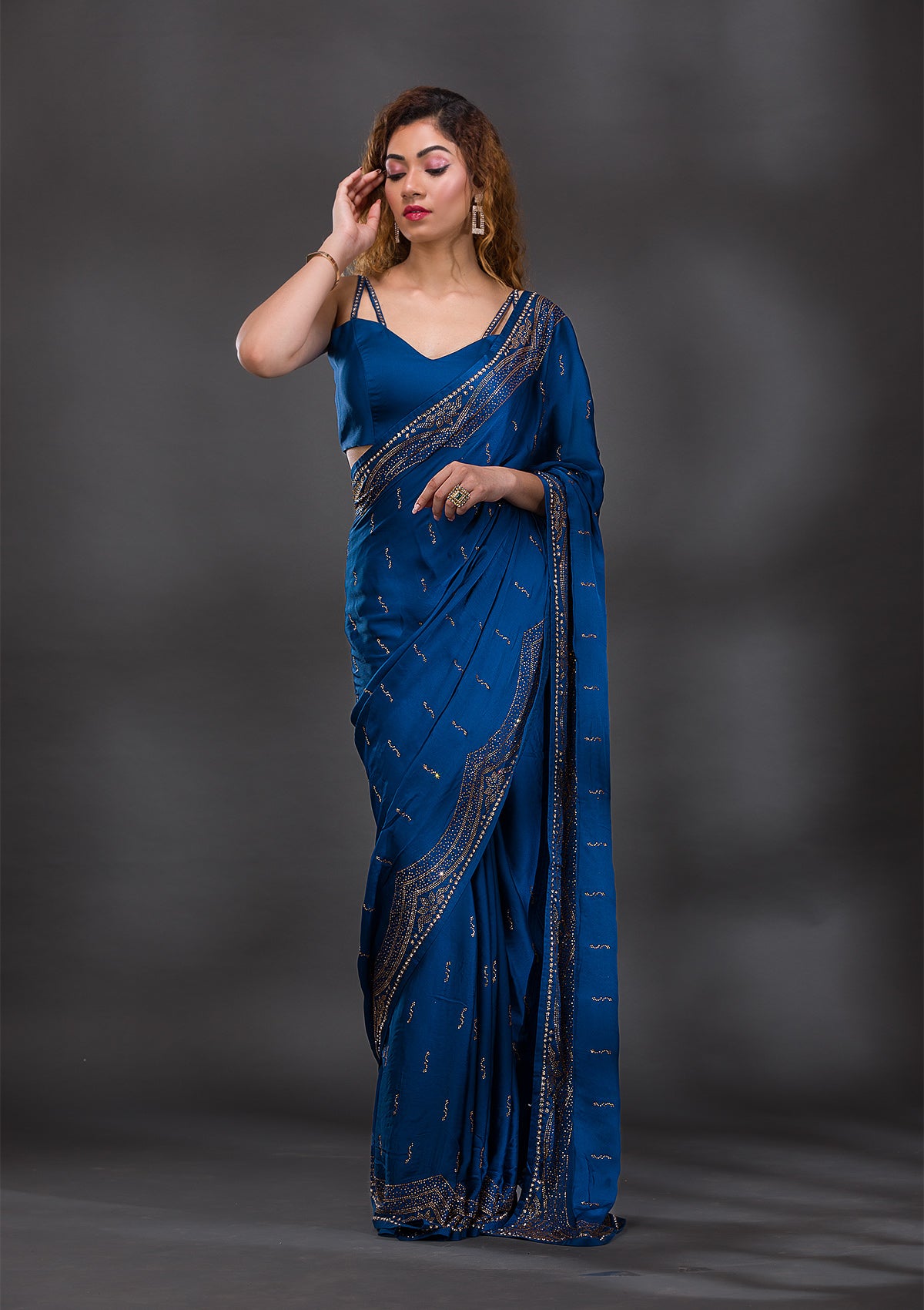 Peacock Blue Swarovski Satin Saree